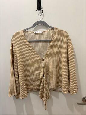 Zara Beige Striped Tie-Front Button Crop Top